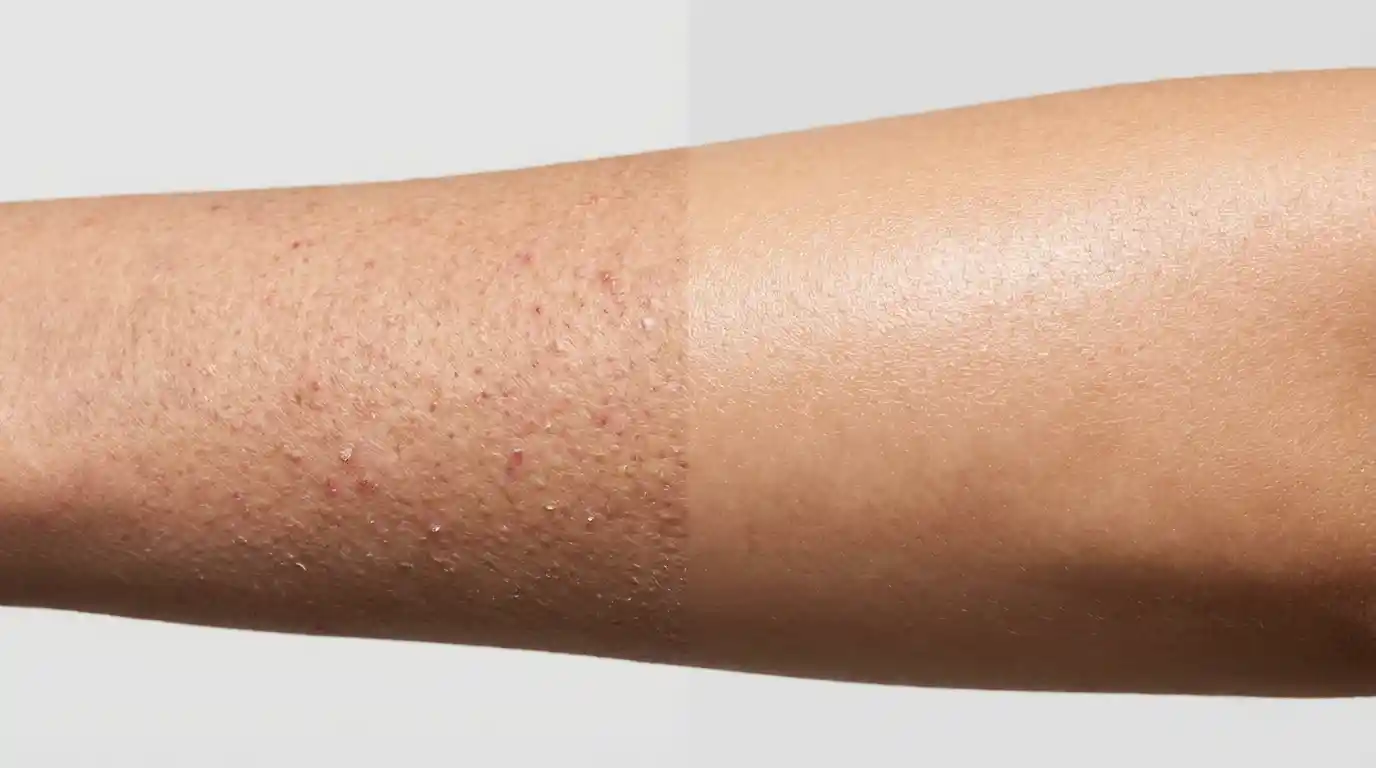 عکس واقعی قبل و بعد درمان پوست مرغی؛ بازوی زبر به پوست صاف و آبرسانی‌شده