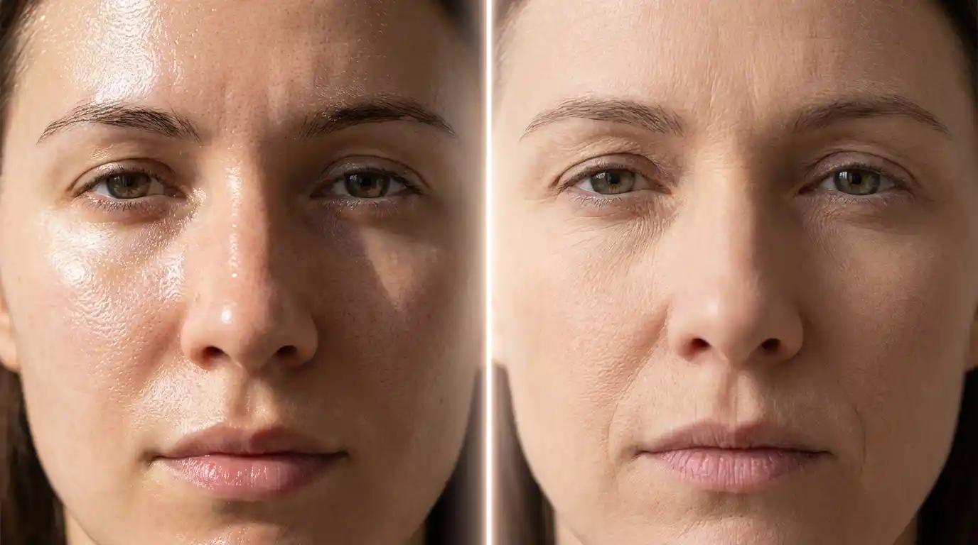 مقایسه واقعی پوست چرب براق و پوست خشک مات در چهره مدل